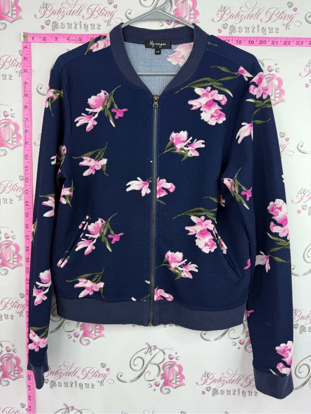 Lily Morgan jacket sweater Floral Zip Bomber Jacket in Navy with Pink Blossoms